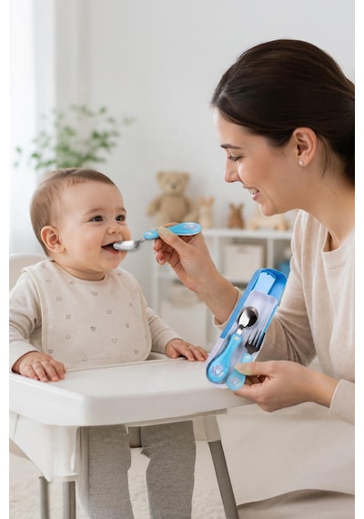 Çocuk Mama Kaşığı Çatal Seti Silikon Saplı Figürlü Metal Uçlu Bebek Yemek Seti Mavi