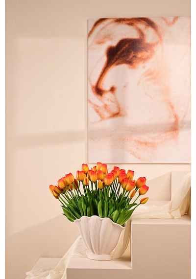 Turuncu Yapay Tulipa Lale Çiçeği Buketi 5 Dallı Premium Canlı Islak Dokulu 43 Cm