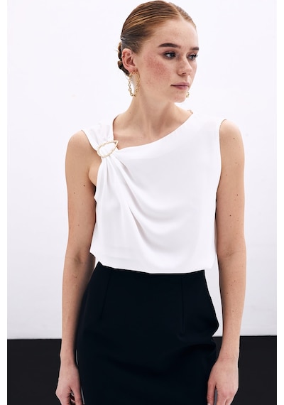 Sateen Tek Omuz Detaylı Bluz - Ekru-135905 Ekru