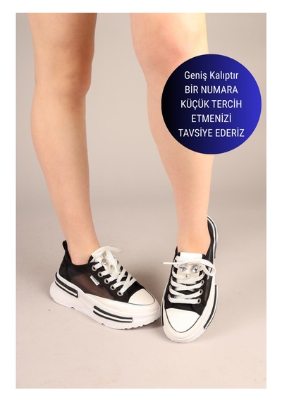 Prens 172 Kadın Fileli Denim Kalın Taban Sneaker Ayakkabı Siyah