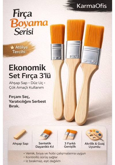 Ekonomik Set Fırça 3 Lü Düz Uçlu Ahşap Sap, Akrilik & Guaj Boya Uyumlu
