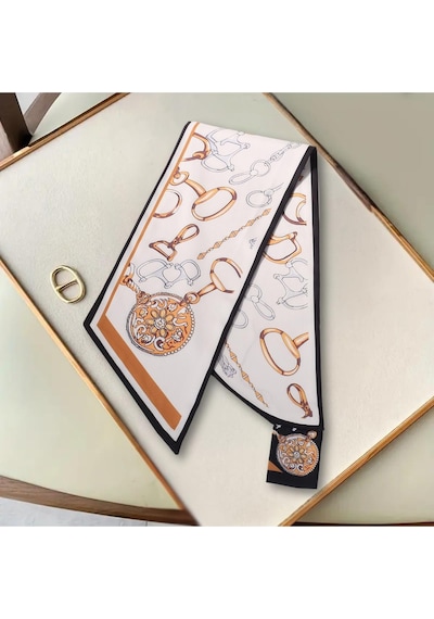 Walkenzo Zincir Desenli Modern Tasarım Kadın Kravat Fular Siyah