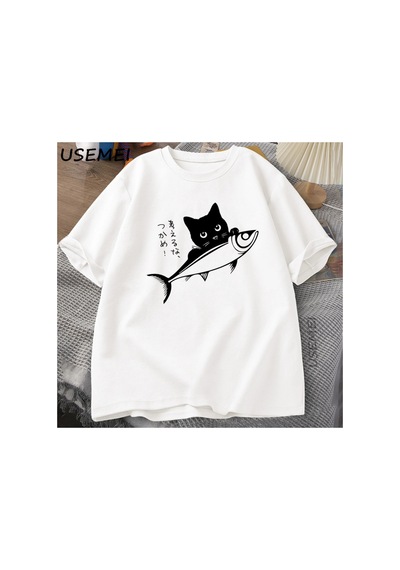 Tarzsokak Siyah Kedi T-shirt Komik Japon Balık Tshirt Kawaii Kedi Sevgilisi T Shirt Kadın Erkek Grafik 2944 Beyaz