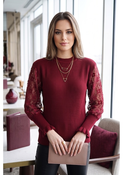 Sayzen Your Shine Kol Dantelli Basic Bisiklet Yaka Kadın Triko Kazak Bordo