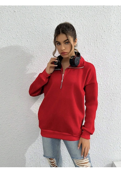 Macklin Unisex Kadın Erkek Baskısız Yarım Fermuarlı Dik Yaka Basic Sweatshirt Kırmızı Mck0604 Kırmızı