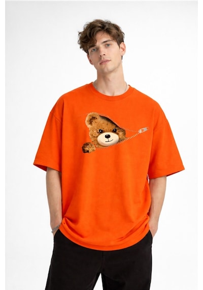 Misa Tahtakale Mn - Bear Baskılı Oversize Tişört Turuncu Çok Renkli
