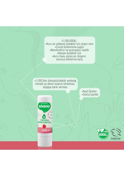 Siveno %100 Doğal Dudak Koruyucu Çilek Bitkisel Lip Balm Dudak Kremi Nemlendirici Parlatıcı Onarıcı 6 G
