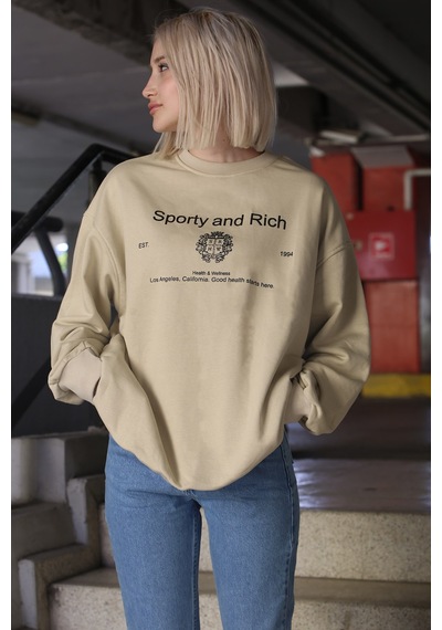 Bej Bisiklet Yaka Baskılı Oversize Kadın Sweatshirt Mg1577