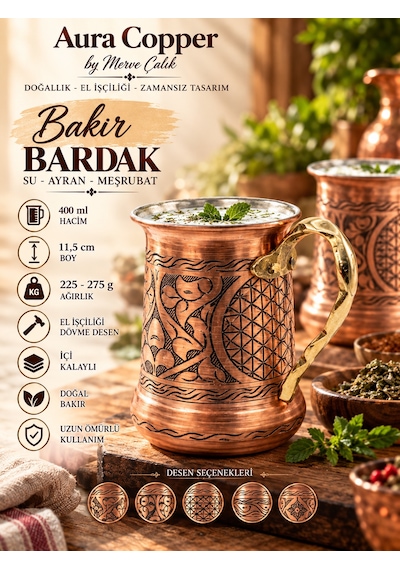 Aura Copper Bakır Bardak/kupa 400 Ml Kalaylı El İşlemeli Tekli/6'lı