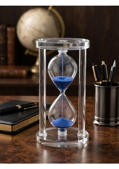 Modern Ofis Masa Üstü Biblosu Cam Kum Saati 10 Dakikalık Zamanlı Mavi Kum Dekoratif Hediye 14.5x8 Cm Biblo