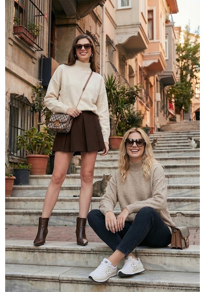 Lela Oversize Fit Balıkçı Yaka Yumuşak Dokulu 2'Li Paket Triko Bayan Kazak 680Kz00469S2 Taş-Vizon