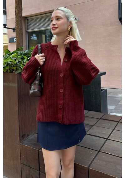 Madmext Bordo Bisiklet Yaka Selanik Örgü Düğmeli Kadın Hırka Mg2487 Bordo