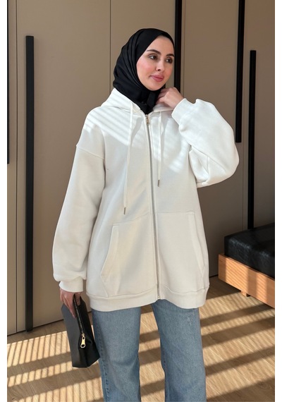 Balenbi Kadın 3 İplik İçi Polarlı Kapüşonlu Tesettür Basic Sweat Hırka 395 Ekru