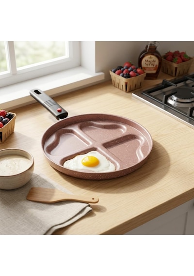Papilla Redio Romantik 24 Cm Kalpli Pankek Ve Omlet Tavası - 4 Gözlü, Çıkarılabilir Saplı Yanmaz Yapışmaz Bölmeli Tava Pembe Çok Renkli