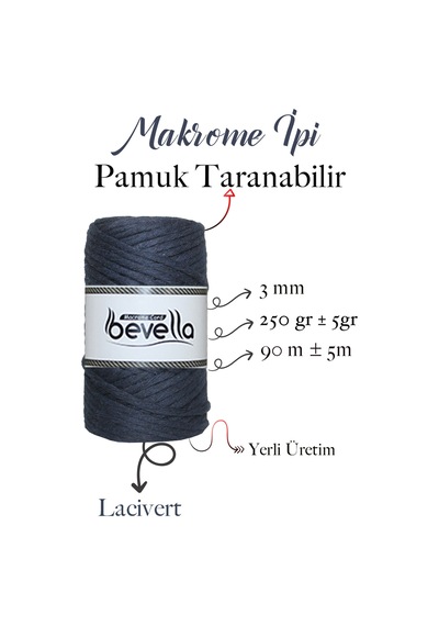 Taranan Makrome Ipi 3mm Taranabilir Pamuk Tek Büküm Makrome Ipi Lacivert