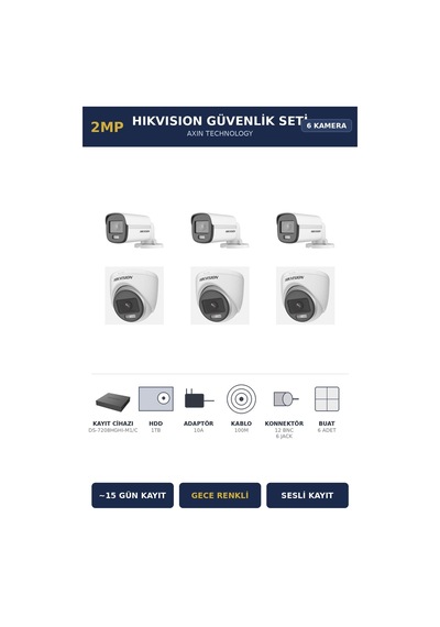 Hikvision 6 Kameralı 2mp Güvenlik Kamera Seti Colorvu Gece Renkli 1tb 15 Gün Kayıt Dome+bullet