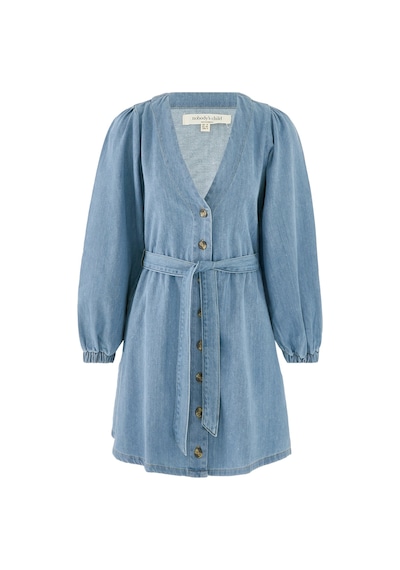 Nobody S Child Denim Nolan Mini Elbise, Uzun Kollu, Kuşaklı, %100 Pamuk Günlük Şıklık Mavi