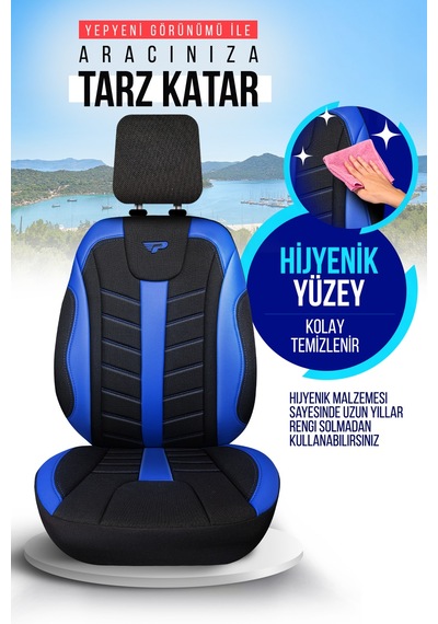 Siyah - Mavi Garni Panda Mardin Serısı Keten Kumaş Oto Koltuk Kılıfı - Tam Set