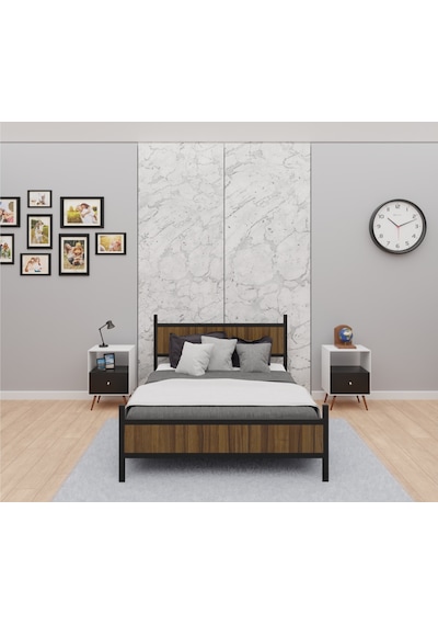 Gm 305 Modern Çift Kişilik Ahşap Metal Siyah Ceviz Karyola 160x200
