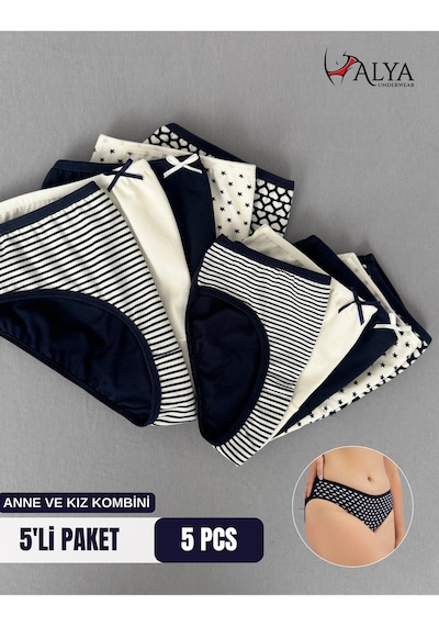 Alya Underwear Anne Kız Kombin Pamuklu Külot - Beyaz Slip İç Çamaşırı - 5'li Paket Çok Renkli P21