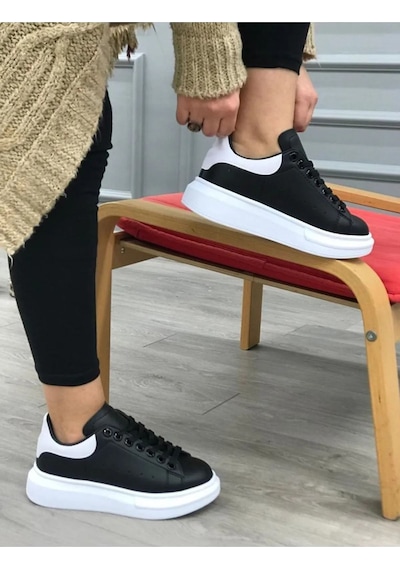 Kadın Erkek Unisex Bağcıklı Deri Yüksek Tabanlı Rahat Günlük ... Füme - Siyah - Beyaz
