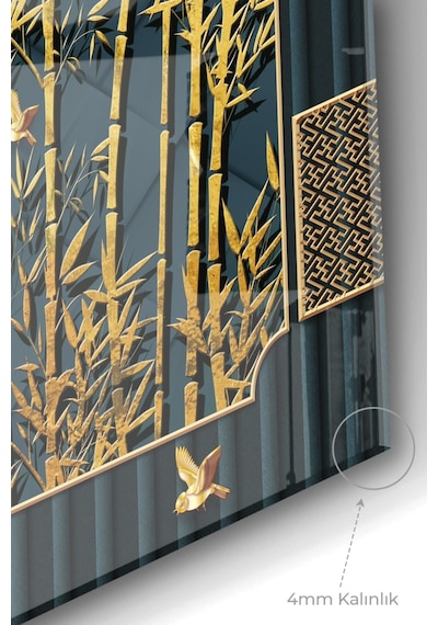 Gold Detaylı Ağaç Dalları Ve Kuş Doğa Temalı Cam Tablo 50x70 Cm