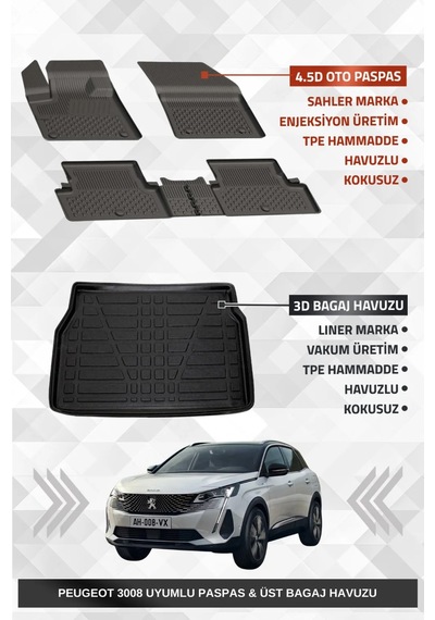 Sahler Peugeot 3008 2016-2024 Uyumlu 4.5d Premium Havuzlu Oto Paspas Ve Liner Marka 3d Üst Bagaj Hav
