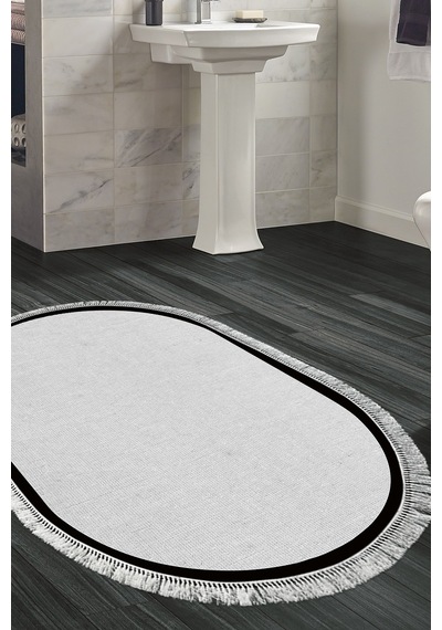 Dekoreko Kaymaz Taban Djt Banyo Mutfak Salon Halı Trend Saçaklı Oval Dokuma Desen E5001 gri
