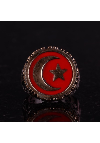 Erkek Gümüş Yüzük - Kırmızı Hilal Ve Yıldız Tasarımı, Türk Bayragı Yüzük Gümüş