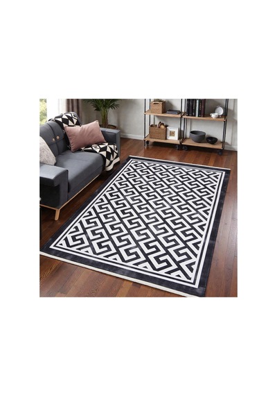 Modern Siyah Beyaz Geometrik Kilim Kaymaz Taban, Yıkanabilir, Salon & Oturma Odası Siyah Siyah