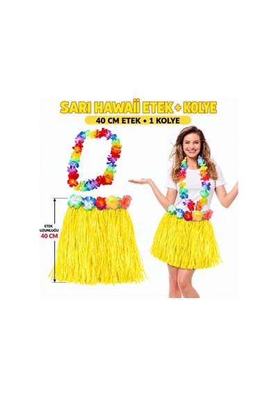 Hawaii Luau Aloha Sarı Püsküllü 40 Cm Etek Ve Hawaii Kolye