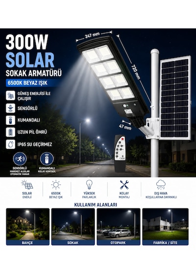 300w Kumandalı Solar Güneş Enerjili Sokak Armatürü 6500k