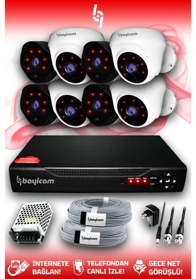 Bayicam 8 Kameralı Uzay 4 İç Kamera Set HDD'siz Full HD Gece Görüşlü Güvenlik Kamerası Sistemi