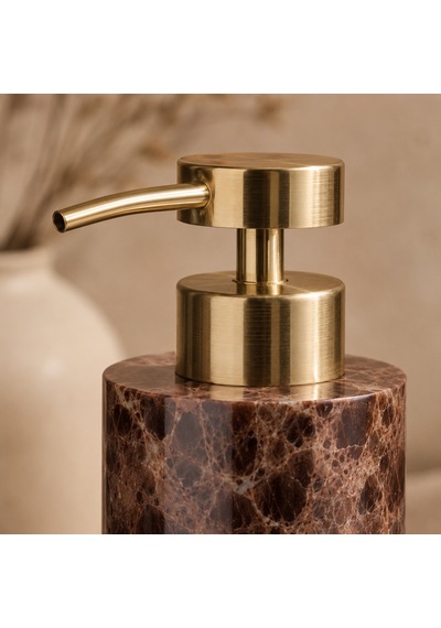 The Voguemaxima Mermer Görünümlü Sıvı Sabunluk Kahverengi Gold Pompalı 7x19 Cm