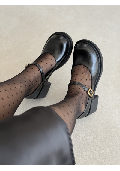 Selin Shoes Nora Kısa Topuklu Bilek Detaylı Gold Aksesuarlı Kadın Loafer- Siyah