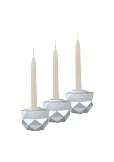 Mumluk Şamdan 3 Adet Tealight Ve İnce Mum Uyumlu Prizma Model - Gümüş