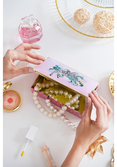 Premium Zebra Desenli Pembe Dekoratif Organizer Kutu Takı, Makyaj, Dikiş Ve Aksesuar Saklama Kutusu 160x102x50 Mm