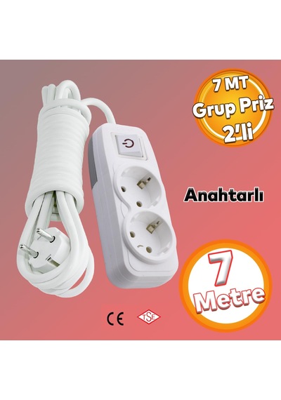 Badem10 Kablolu 2'li Topraklı Grup Priz Fiş Çoğaltıcı 7 Metre Çoklu Asmalı Uzatma Kablosu Anahtarlı Düğmeli