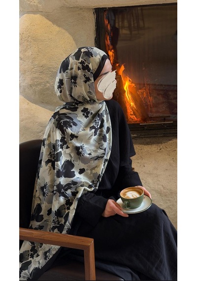 Qalortex Scarf Pamuklu Garden Desen Şal-siyah