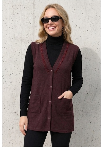 Onno Style Women Yakası Taşlı Çelik Örgü Triko Kadın Yelek Bordo