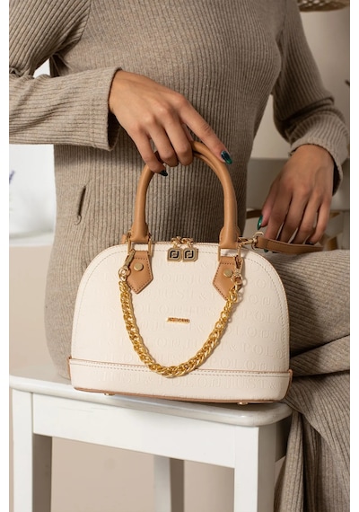 Just Polo Kadın Zincir Detaylı Lüks El Ve Omuz Çantası Shopper Ebat : 25x22 Cm Krem