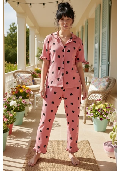 Siyah İnci Bürümcük-krınkıl Büyük Beden Düğmeli Pijama Takım26120826 Pembe