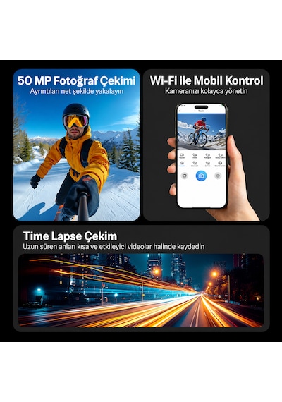 Bix Nexa 1 Wi-fi 5k 30fps Aksiyon Kamerası 50 Mp Çift Ekran Geniş Açılı Ve Eıs Özellikli 30m Su Geçirmez Bisiklet Motosiklet Vlog Kamerası Siyah