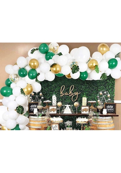 Beyaz Yeşil Gold Krom Yapraklı Balon Zincir Seti 106 Parça