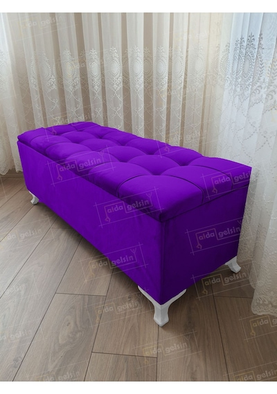 Çizgi Kapitoneli Sandıklı Puf 110 Cm Beyaz Ayak Pembe