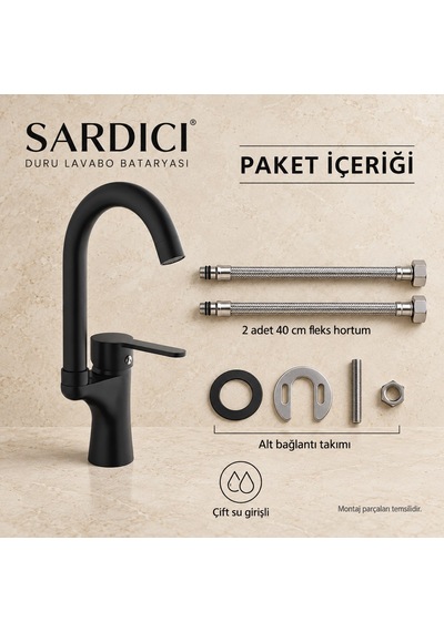 Sardıcı Duru Siyah Lavabo Bataryası Pirinç Gövde Çift Su Girişli Tam Takım Krom