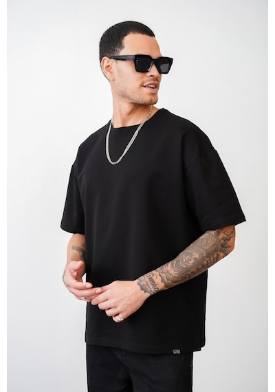 King-Brich Bisiklet Yaka Battal Boy Oversize Kalıp Basic Tişört Siyah