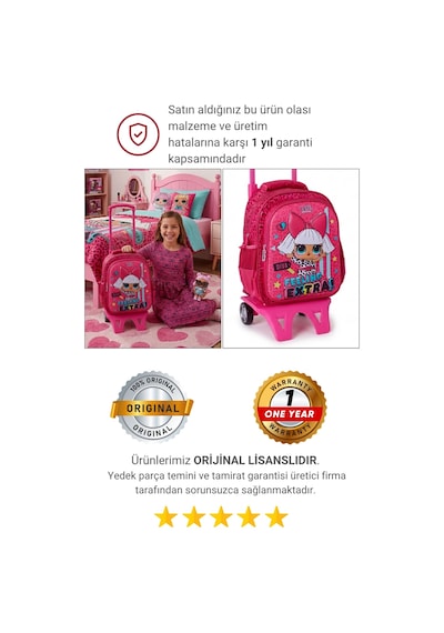 Lol Surprise Canlı Renkli Çıkarılabilir Çekçekli Kız Çocuk Okul Çantası 2188 Pembe