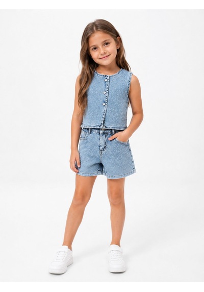 Kidscocuk Kız Çocuk Taş Detaylı Yelek Jean Şort Takımı Çift Cepli Yazlık 2 Li Takım 2-10 Yaş Açık Mavi Kidscocuk Kız Çocuk Taş Detaylı Yelek Jean Şort Takımı Çift Cepli Yazlık 2 Li Takım 2-10 Yaş Açık Mavi