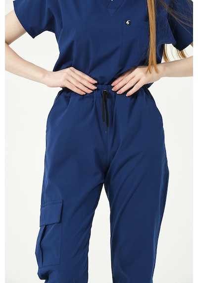 Saks Mavi Likralı Kargo Cep Jogger Paça Doktor Hemşire Forması Tek Alt Unisex